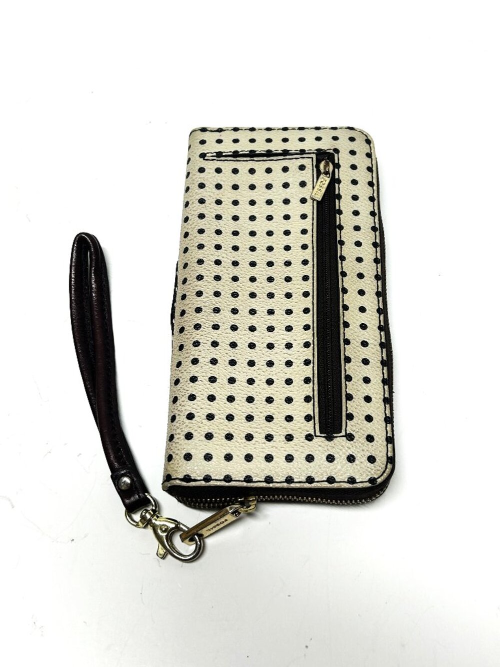 Fossil two toned taupe and brown polka dot leather wallet / wristlet